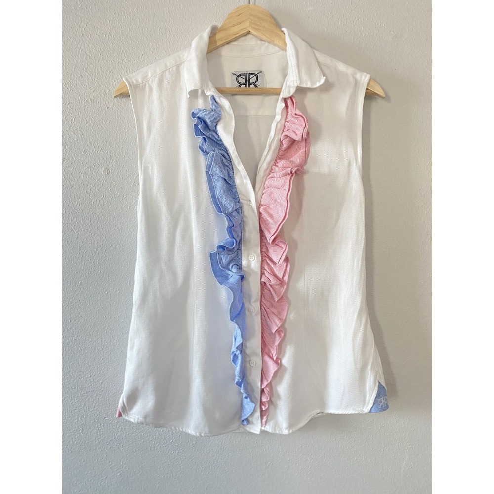 DOUBLE R by Ravi Ratan Cotton Ruffle Sleeveless Blouse Sz S* Red, White, Blue‎